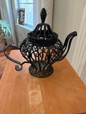 Vintage Black Ornate Metal Filigree Teapot Décor - candle holder